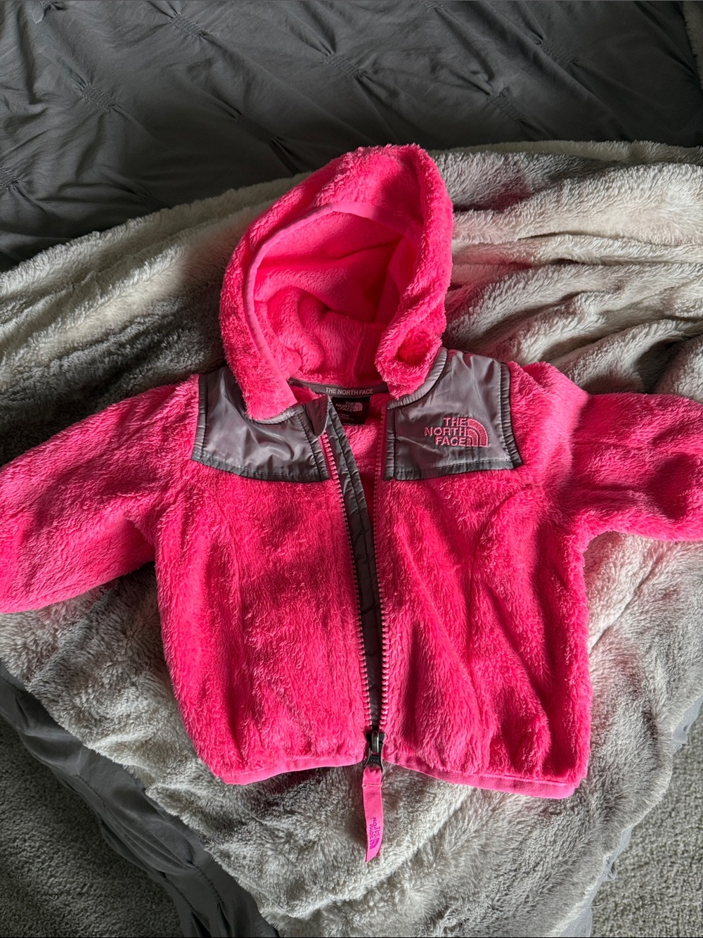 The North Face Kids Pink Fuzzy Hooded Puffer Jacket